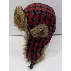 Quilted Aviator Trapper Hat Red Plaid Metallic Ear Flaps Faux Fur Cold Weather